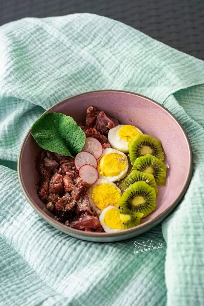 Hundenapf mit BARF. Fleisch, Gemüse, Obst und Ei.
